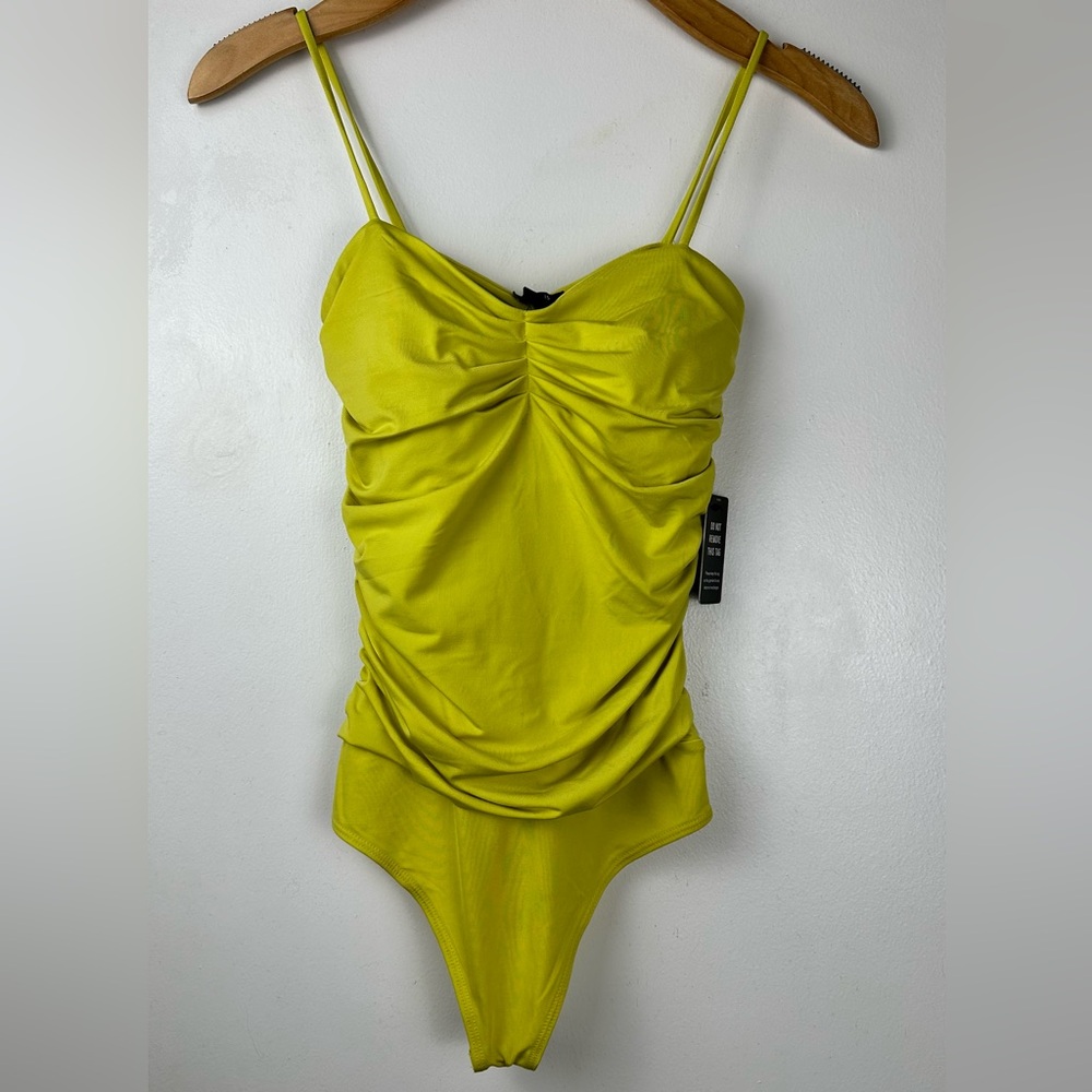 Express XS Thong Bodysuit Yellow Lime Ruched Spaghetti Straps NWT Y2K Stretch